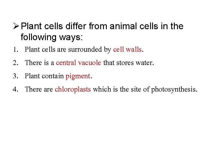 Ø Plant cells differ from animal cells in the following ways: 1. Plant cells