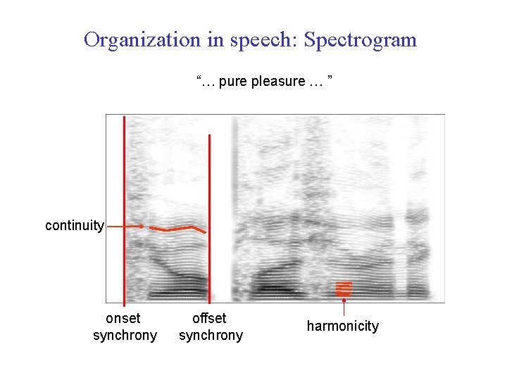 Organization in speech: Spectrogram “… pure pleasure … ” continuity onset synchrony ICASSP'10 tutorial