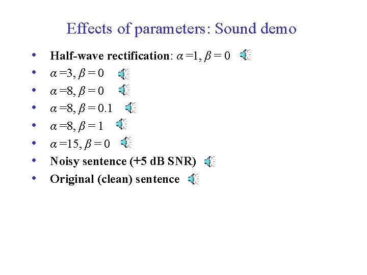 Effects of parameters: Sound demo • • Half-wave rectification: α =1, β = 0