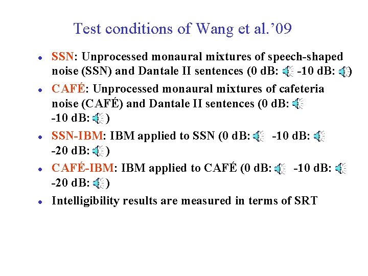 Test conditions of Wang et al. ’ 09 l l l SSN: Unprocessed monaural