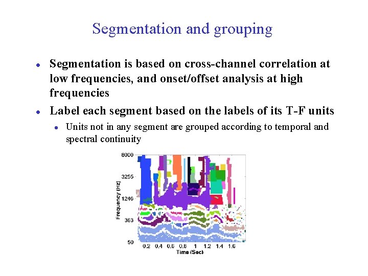 Segmentation and grouping l l Segmentation is based on cross-channel correlation at low frequencies,
