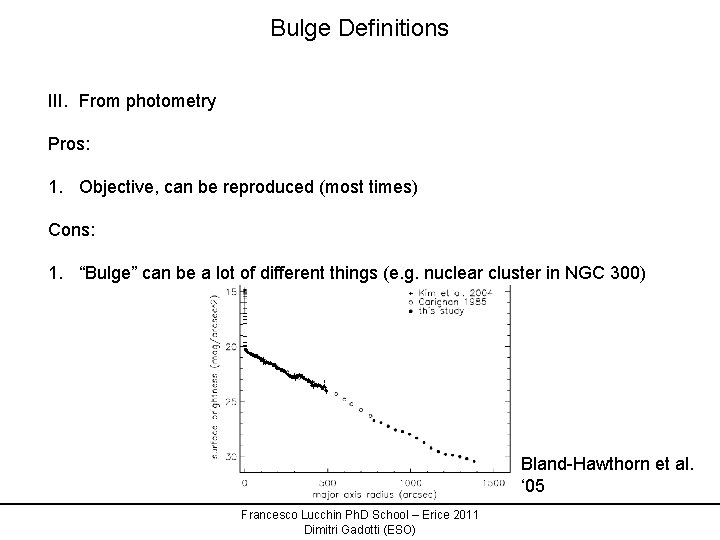 Bulge Definitions III. From photometry Pros: 1. Objective, can be reproduced (most times) Cons: