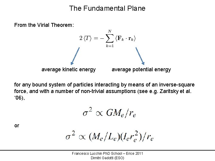 The Fundamental Plane From the Virial Theorem: average kinetic energy average potential energy for