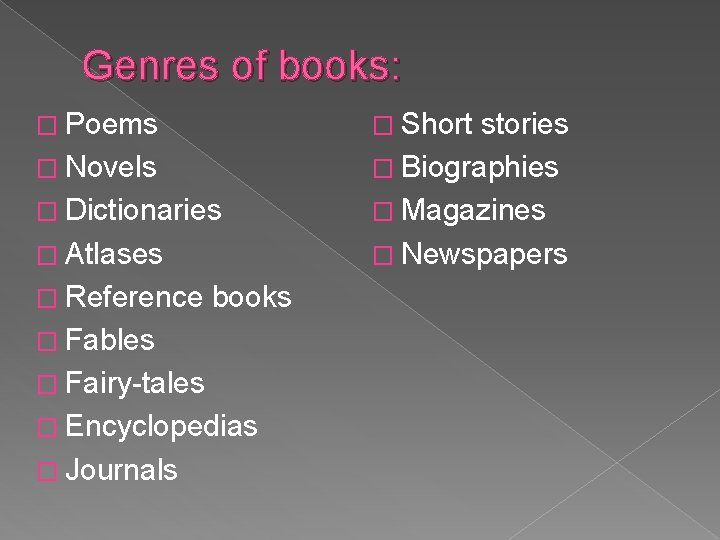 Genres of books: � Short � Poems � Novels � Dictionaries � Atlases �