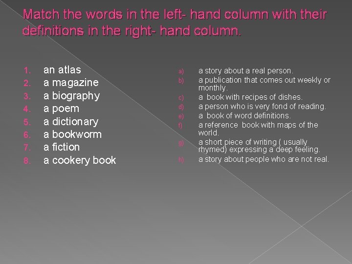 Match the words in the left- hand column with their definitions in the right-