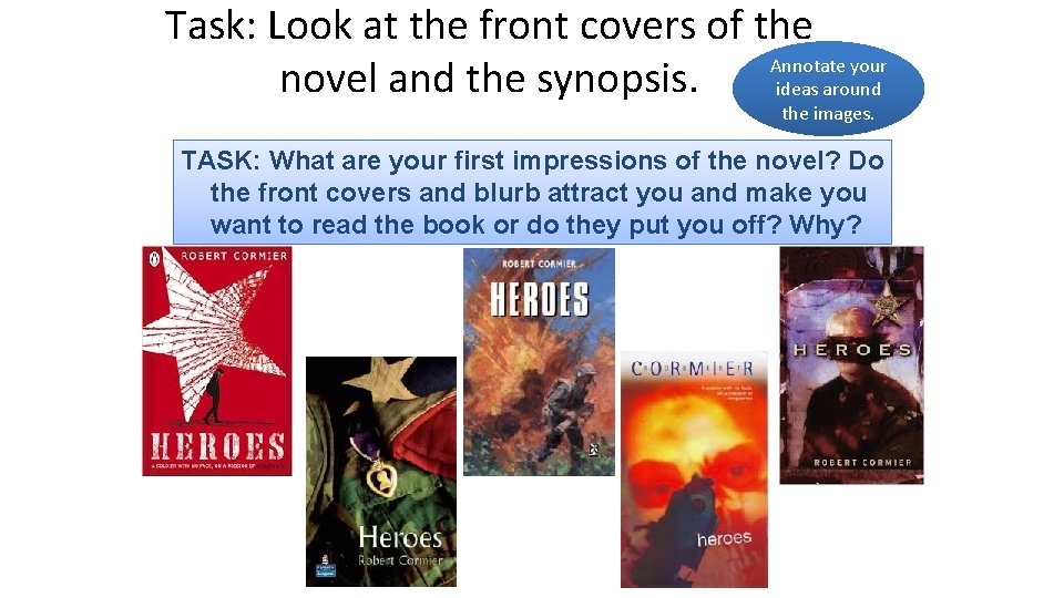 Task: Look at the front covers of the Annotate your novel and the synopsis.