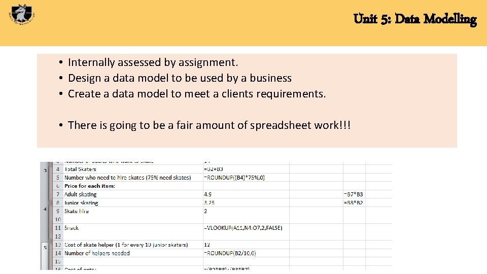 Unit 5: Data Modelling • Internally assessed by assignment. • Design a data model