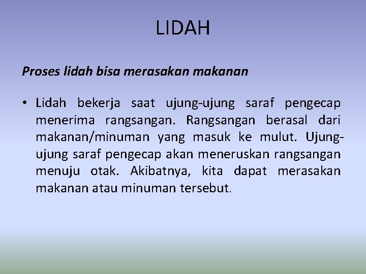LIDAH Proses lidah bisa merasakan makanan • Lidah bekerja saat ujung-ujung saraf pengecap menerima