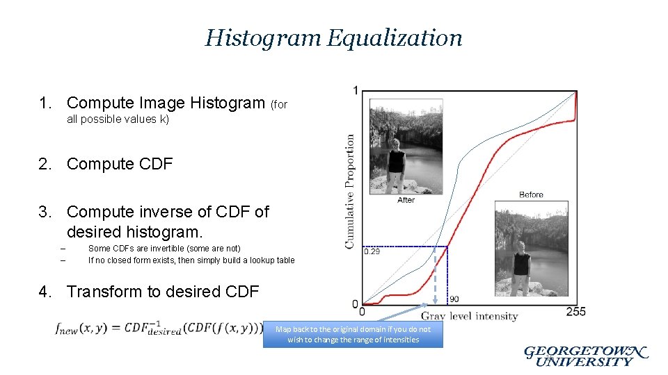 Histogram Equalization 1. Compute Image Histogram (for all possible values k) 2. Compute CDF