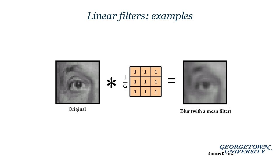 Linear filters: examples * Original 1 1 1 1 1 = Blur (with a