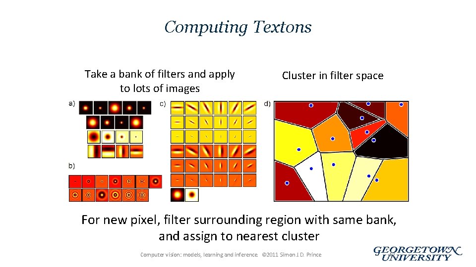 Computing Textons Take a bank of filters and apply to lots of images Cluster