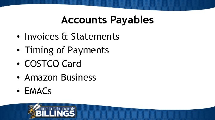 Accounts Payables • • • Invoices & Statements Timing of Payments COSTCO Card Amazon