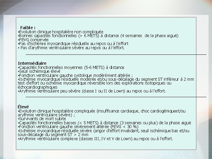 Faible : • Evolution clinique hospitalière non compliquée • Bonnes capacités fonctionnelles (> 6