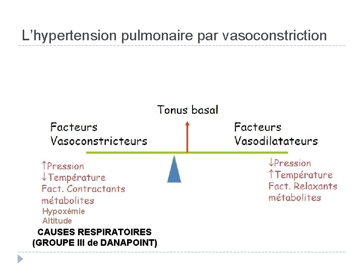 L’hypertension pulmonaire par vasoconstriction Hypoxémie Altitude CAUSES RESPIRATOIRES (GROUPE III de DANAPOINT) 