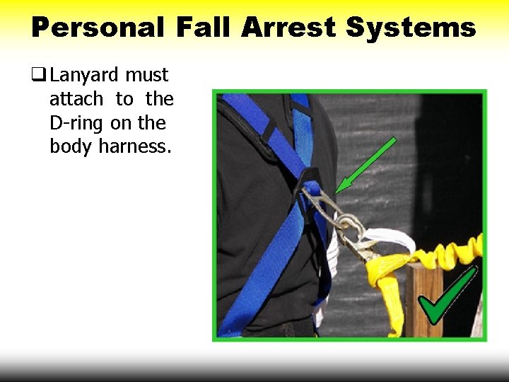 Personal Fall Arrest Systems q Lanyard must attach to the D-ring on the body