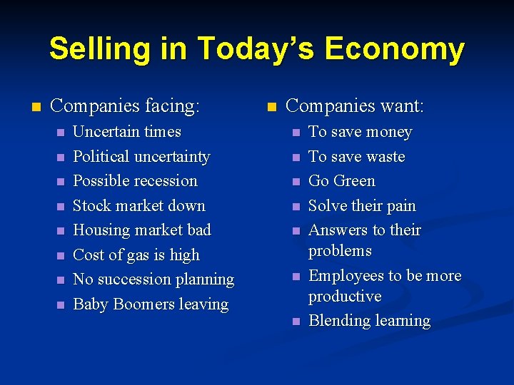 Selling in Today’s Economy n Companies facing: n n n n Uncertain times Political