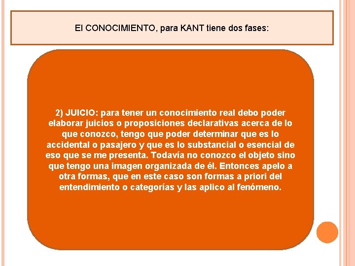 El CONOCIMIENTO, para KANT tiene dos fases: 2) JUICIO: para tener un conocimiento real