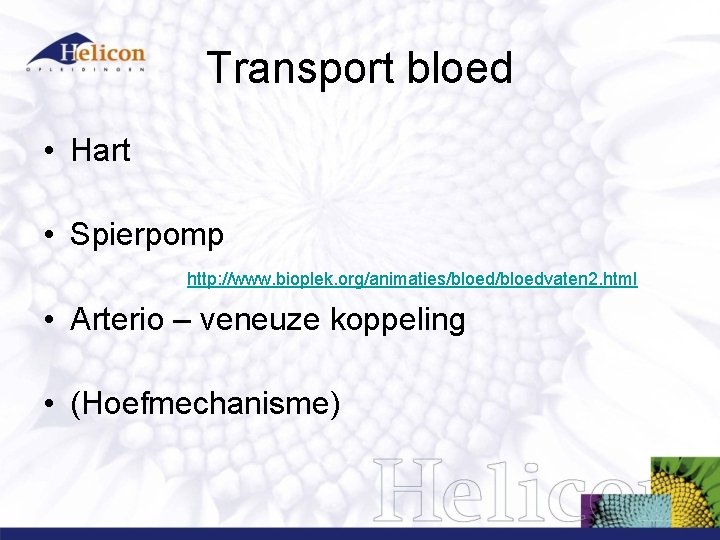 Transport bloed • Hart • Spierpomp http: //www. bioplek. org/animaties/bloedvaten 2. html • Arterio