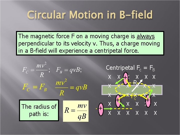 Circular Motion in B-field The magnetic force F on a moving charge is always