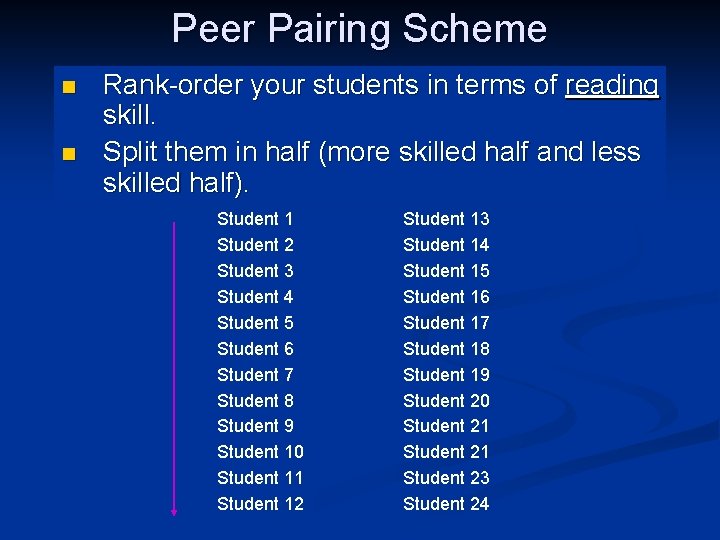 Peer Pairing Scheme n n Rank-order your students in terms of reading skill. Split