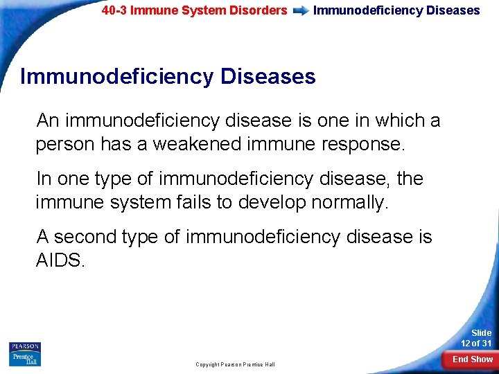 40 -3 Immune System Disorders Immunodeficiency Diseases An immunodeficiency disease is one in which