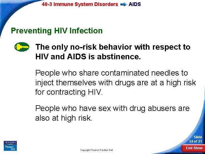 40 -3 Immune System Disorders AIDS Preventing HIV Infection The only no-risk behavior with