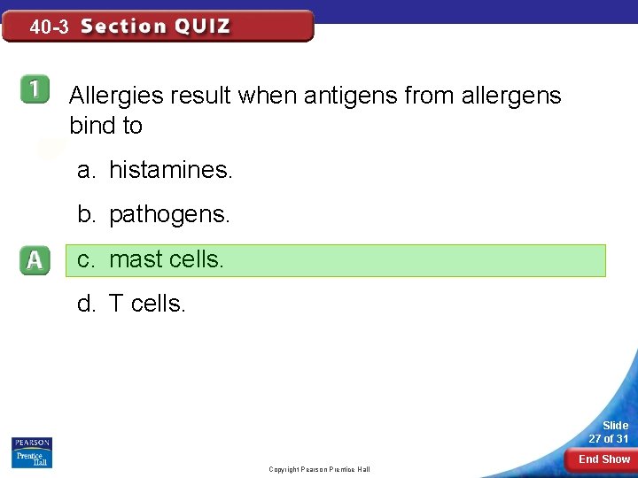 40 -3 Allergies result when antigens from allergens bind to a. histamines. b. pathogens.