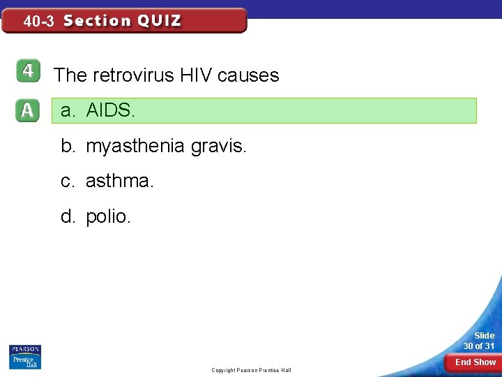 40 -3 The retrovirus HIV causes a. AIDS. b. myasthenia gravis. c. asthma. d.