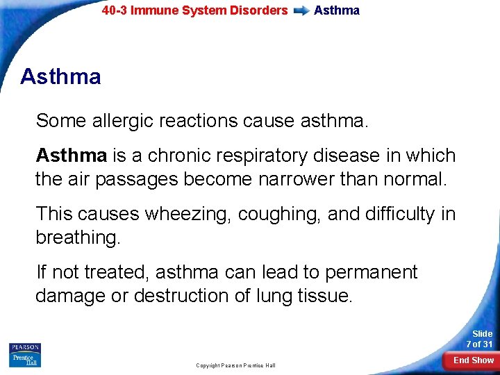 40 -3 Immune System Disorders Asthma Some allergic reactions cause asthma. Asthma is a