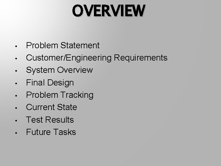 OVERVIEW • • Problem Statement Customer/Engineering Requirements System Overview Final Design Problem Tracking Current