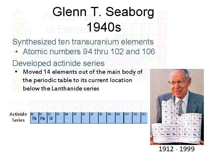 Glenn T. Seaborg 1940 s Synthesized ten transuranium elements • Atomic numbers 94 thru