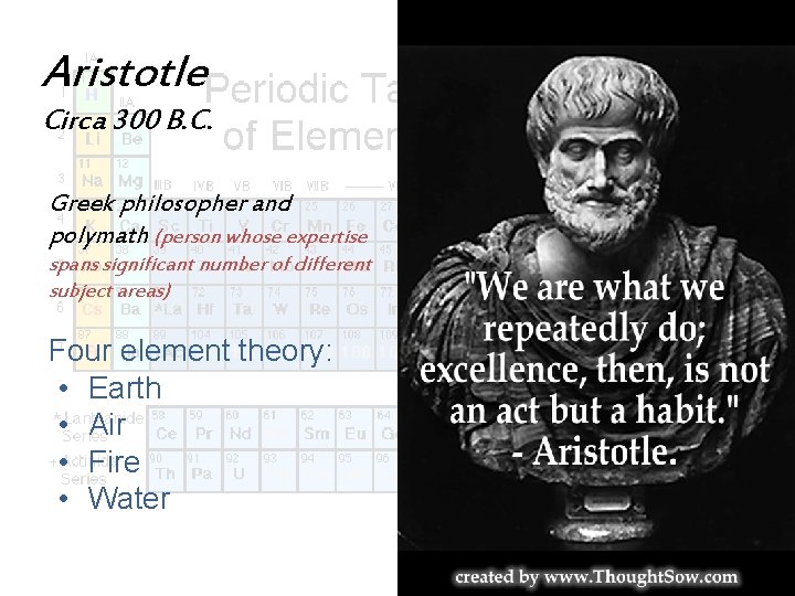 Aristotle Circa 300 B. C. Greek philosopher and polymath (person whose expertise spans significant