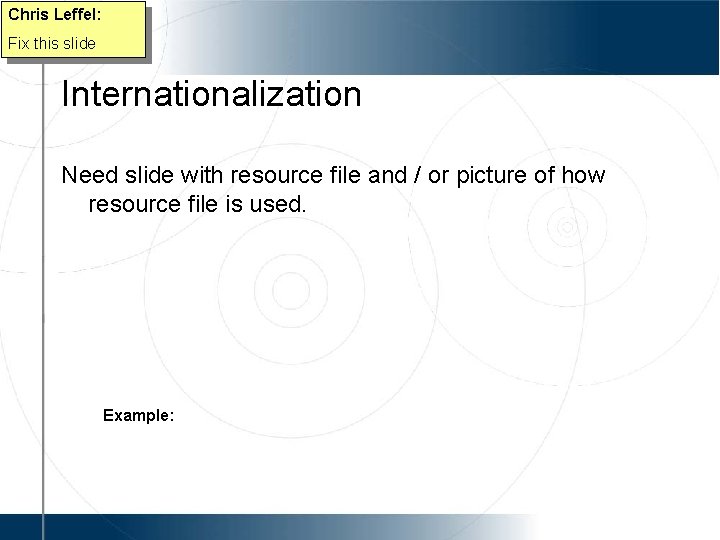 Chris Leffel: Fix this slide Internationalization Need slide with resource file and / or