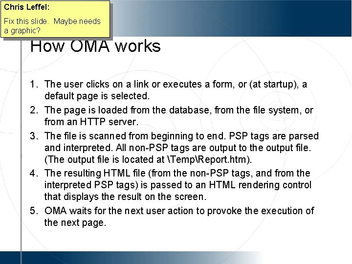 Chris Leffel: Fix this slide. Maybe needs a graphic? How OMA works 1. The