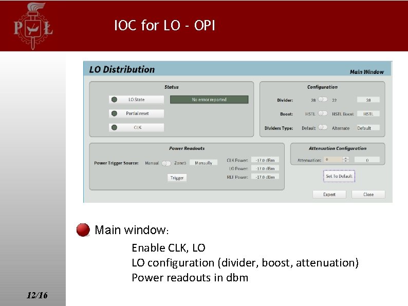 IOC for LO - OPI Main window: Enable CLK, LO LO configuration (divider, boost,