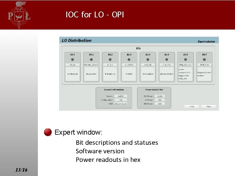 IOC for LO - OPI Expert window: Bit descriptions and statuses Software version Power