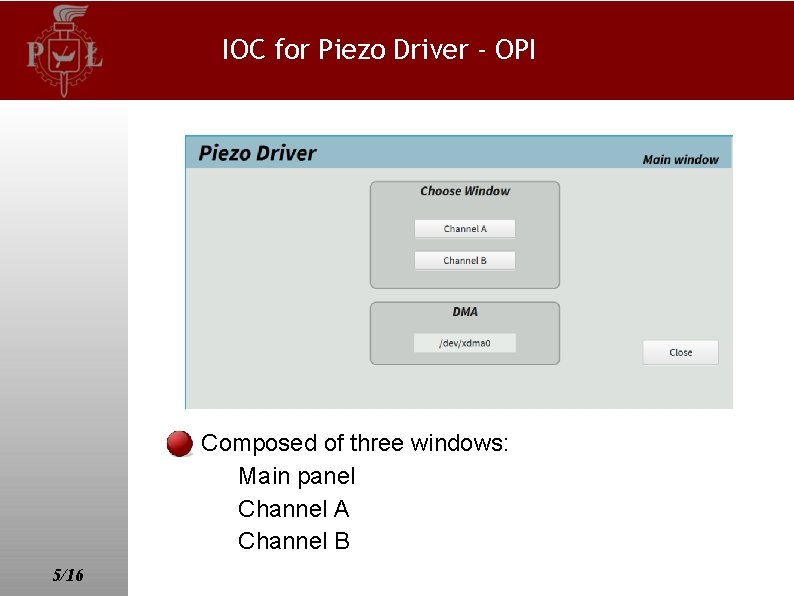 IOC for Piezo Driver - OPI Composed of three windows: Main panel Channel A