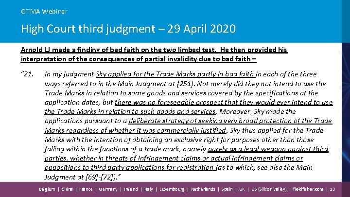 CITMA Webinar High Court third judgment – 29 April 2020 Arnold LJ made a