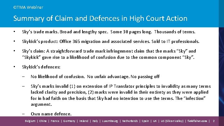 CITMA Webinar Summary of Claim and Defences in High Court Action • Sky’s trade