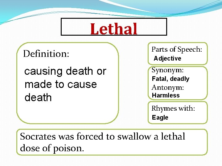 Lethal Definition: Parts of Speech: causing death or made to cause death Synonym: Adjective
