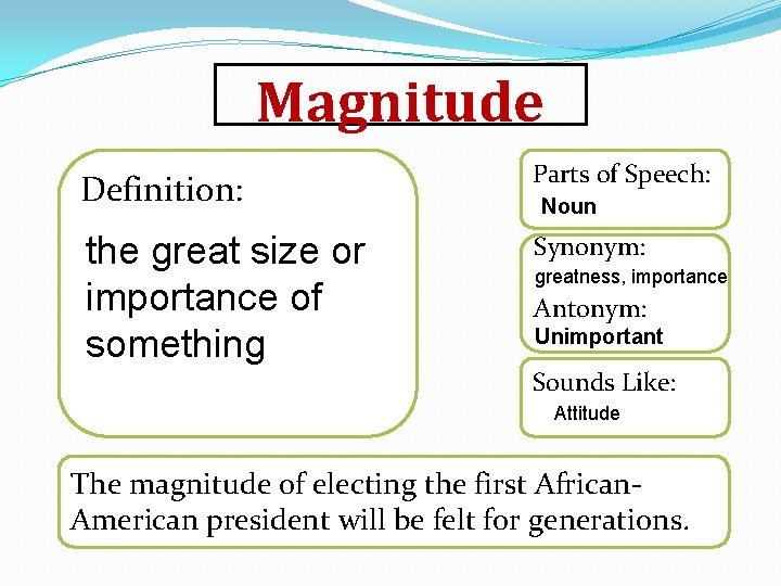 Magnitude Definition: Parts of Speech: the great size or importance of something Synonym: Noun