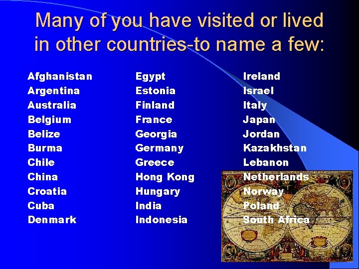 Many of you have visited or lived in other countries-to name a few: Afghanistan