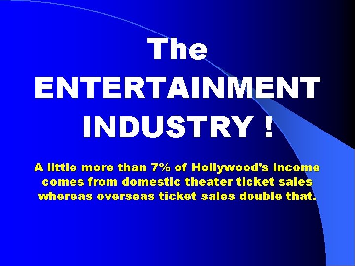 The ENTERTAINMENT INDUSTRY ! A little more than 7% of Hollywood’s incomes from domestic