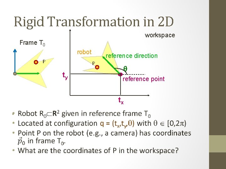 Rigid Transformation in 2 D workspace Frame T 0 robot P reference direction P