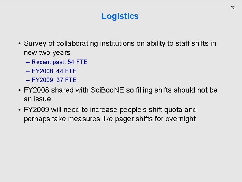 28 Logistics • Survey of collaborating institutions on ability to staff shifts in new