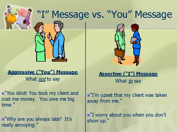 “I” Message vs. “You” Message Aggressive (“You”) Message What not to say n“You idiot!