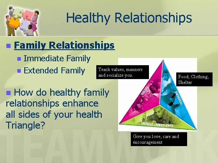 Healthy Relationships n Family Relationships Immediate Family n Extended Family n Teach values, manners