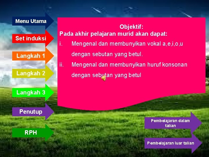 Menu Utama Set induksi Objektif: Pada akhir pelajaran murid akan dapat: i. dengan sebutan