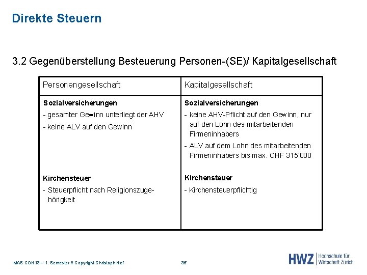 Direkte Steuern 3. 2 Gegenüberstellung Besteuerung Personen-(SE)/ Kapitalgesellschaft Personengesellschaft Kapitalgesellschaft Sozialversicherungen - gesamter Gewinn