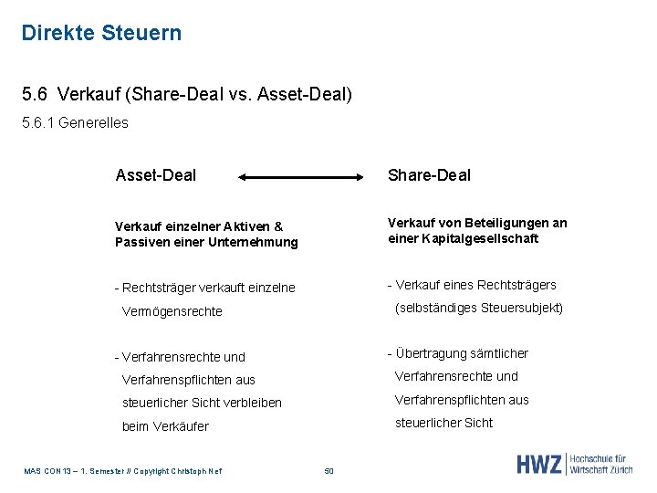 Direkte Steuern 5. 6 Verkauf (Share-Deal vs. Asset-Deal) 5. 6. 1 Generelles Asset-Deal Share-Deal